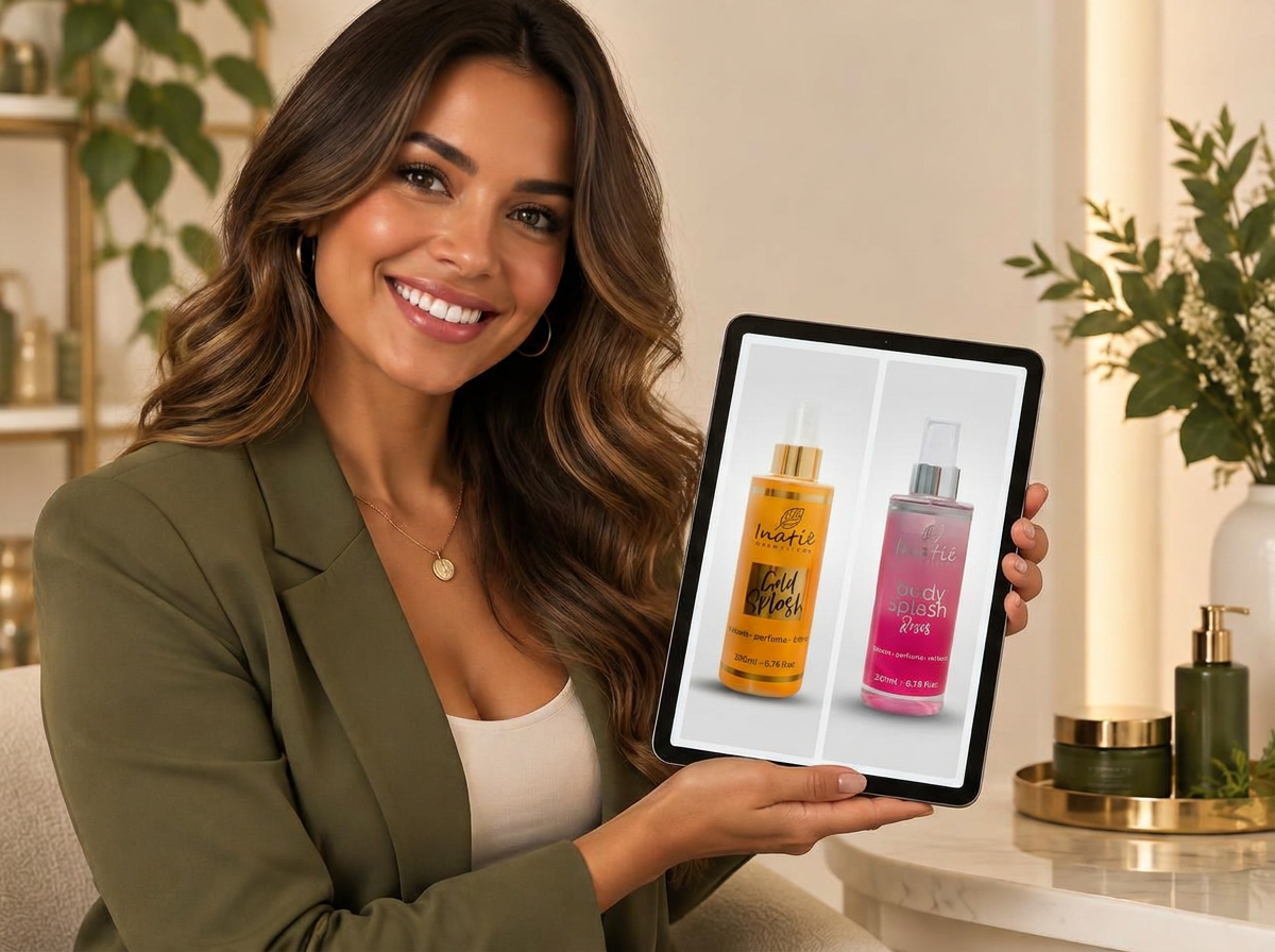 Revendedora Inatiê apresentando o catálogo digital no tablet